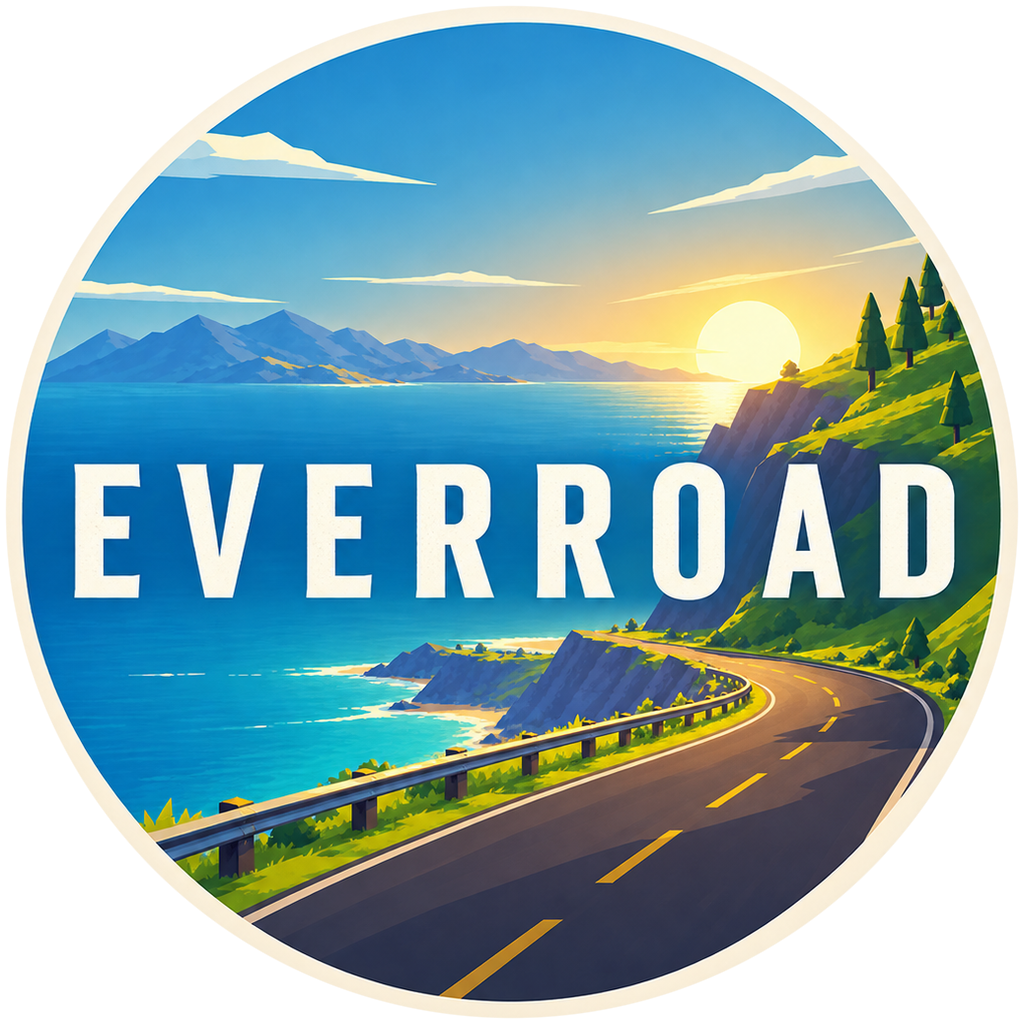 The Everroad badge, a coast road at sunset in a circle with the name across it.