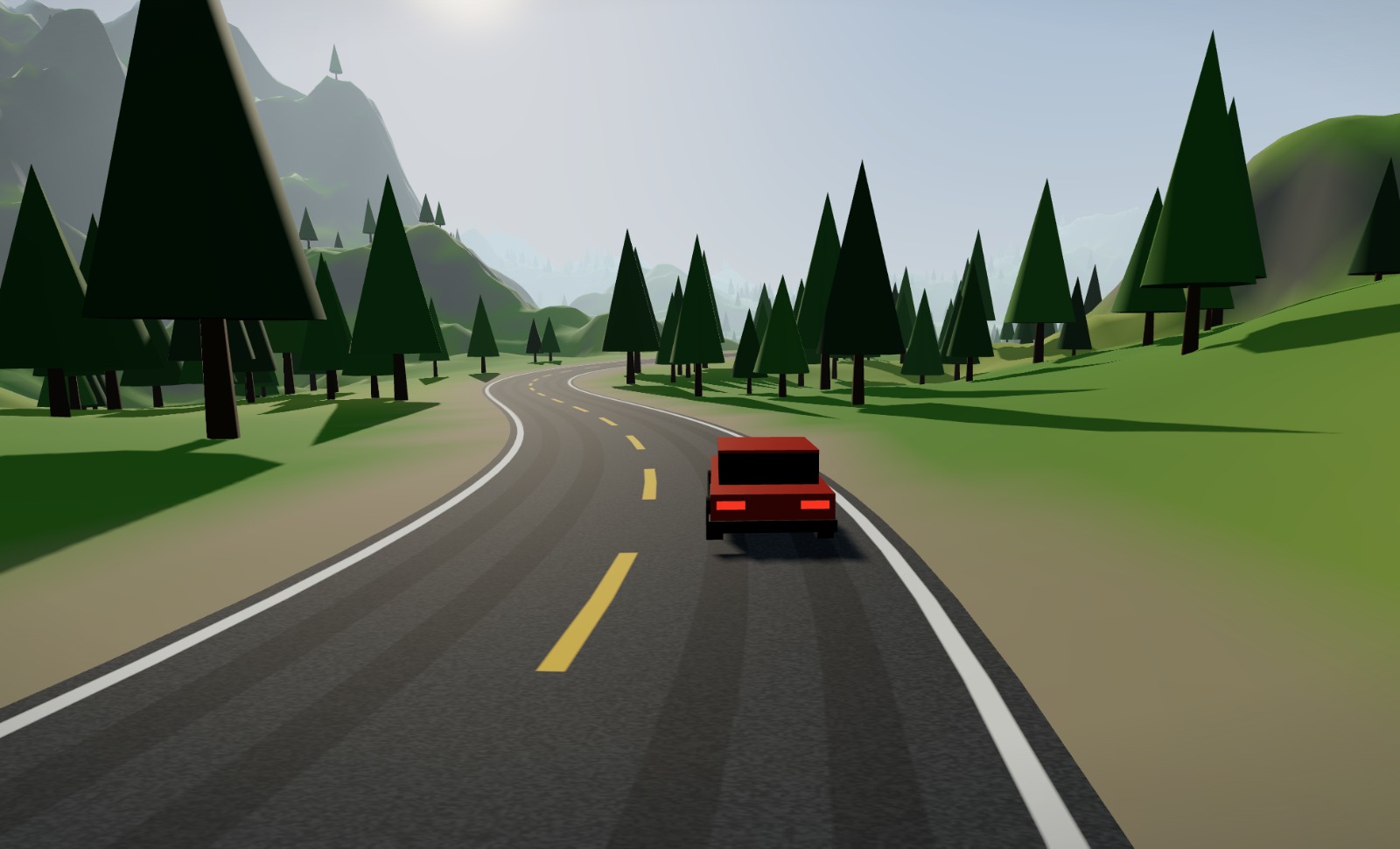The very first prototype. A red box of a car, cone trees, and the same road we drive today.