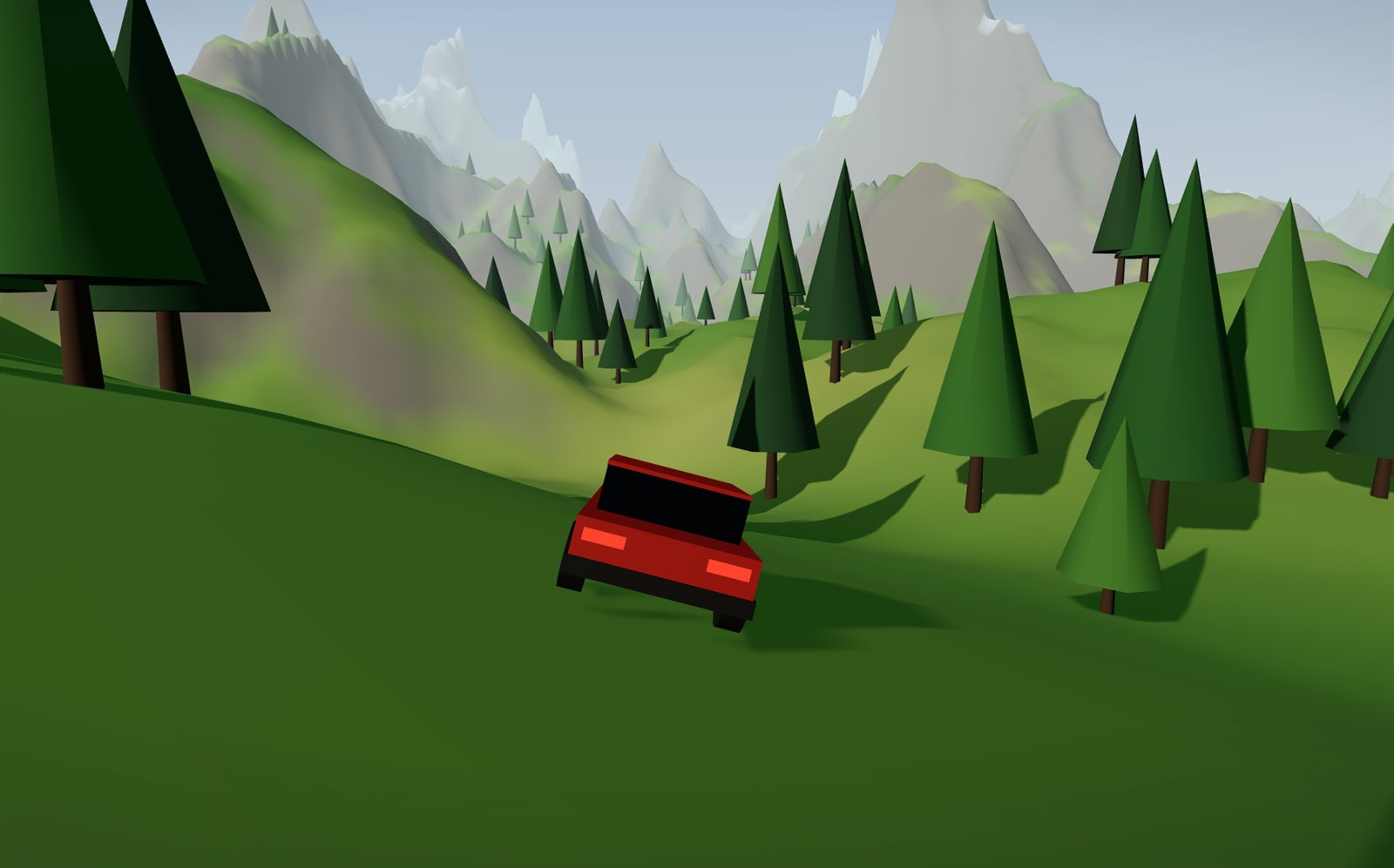 Off the road in an early build, with mountains far too big and jagged for the calm game we wanted. We ended up preferring rolling hills.