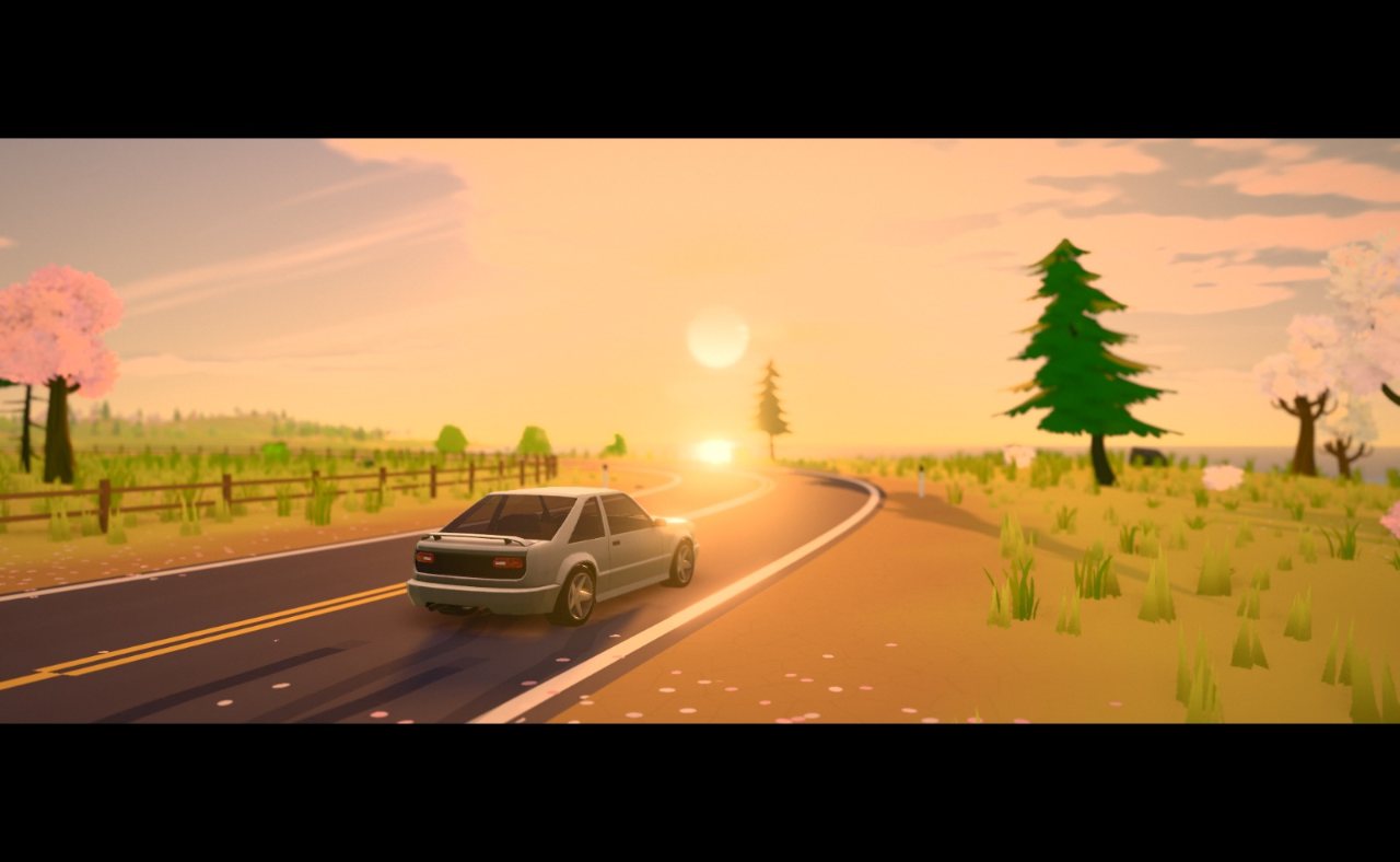 A white hatchback on a curving road through spring blossom, the sun low ahead.
