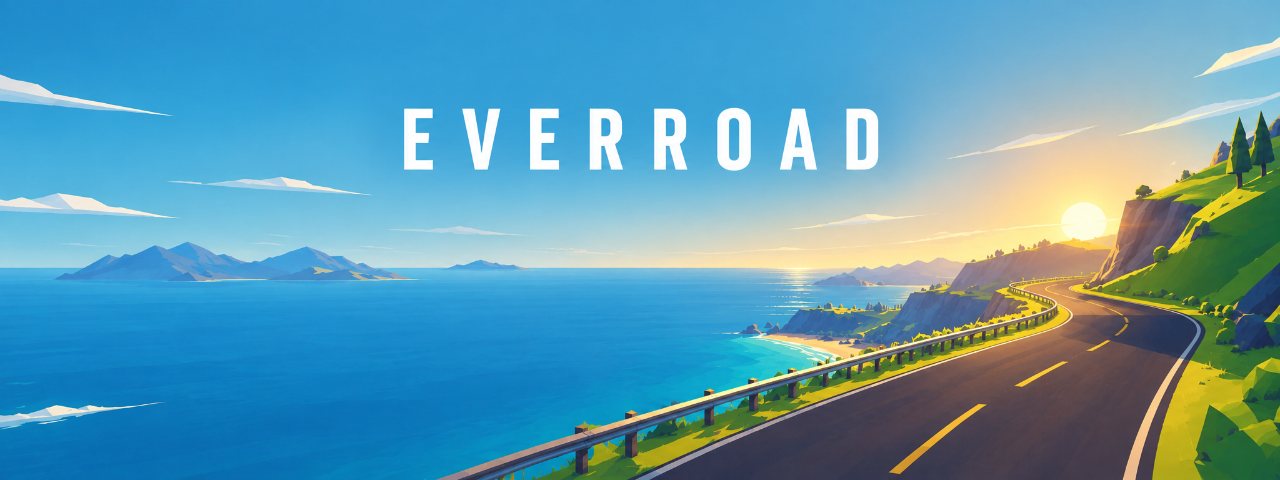 Everroad key art, a coast road winding along cliffs above a blue sea with the sun on the horizon.