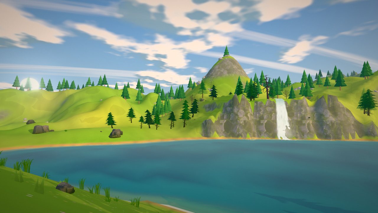 A waterfall pouring down a rocky cliff into a turquoise mountain lake.