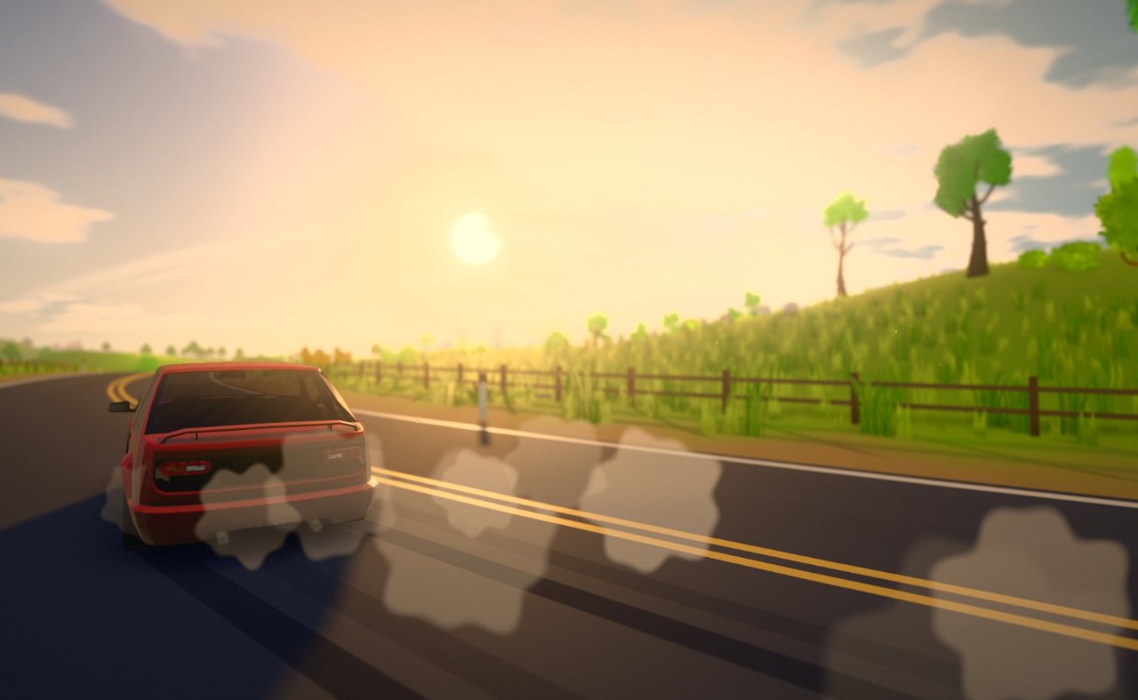 A red car on a country road at golden hour, dust rising behind it.