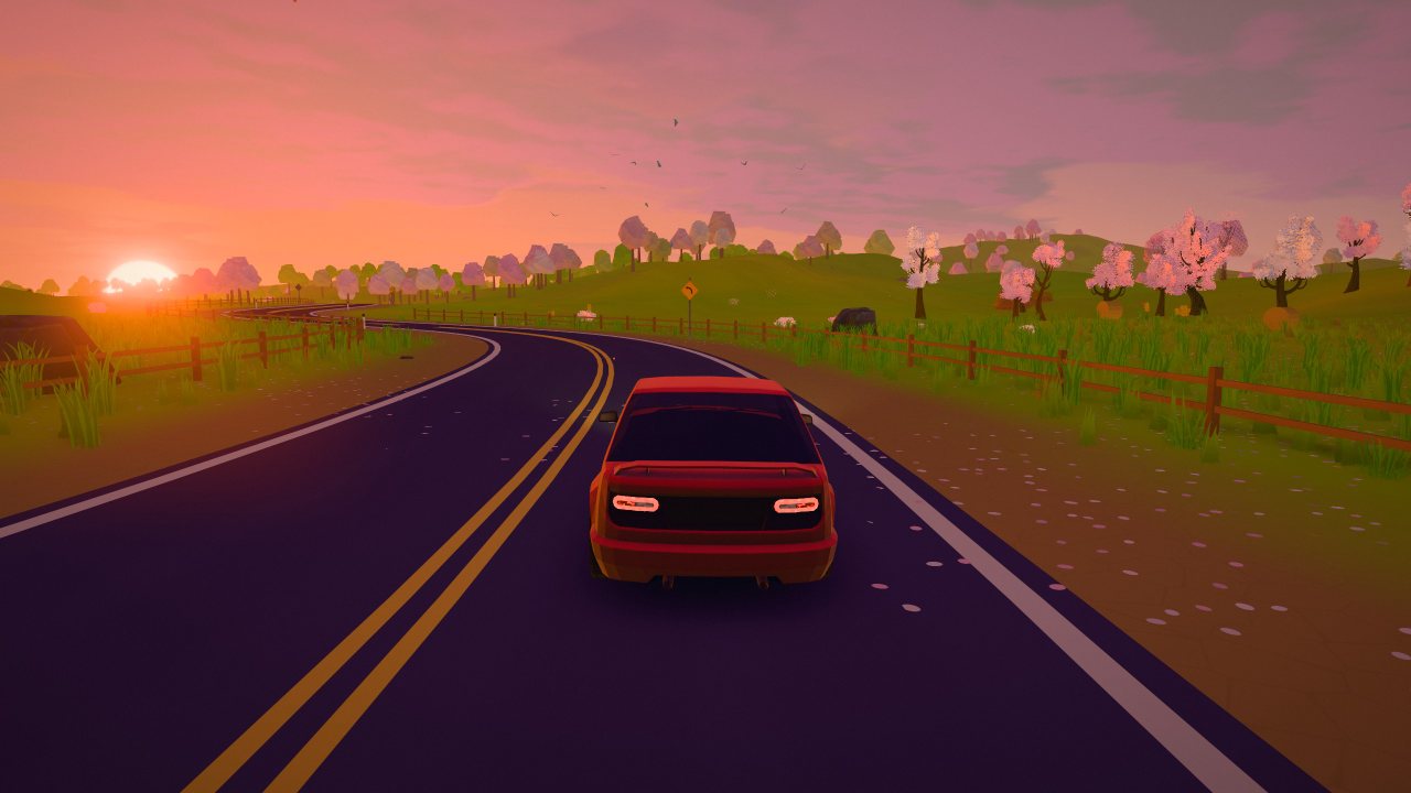 A red car on a winding road through meadows at sunset, cherry blossom along the fences.