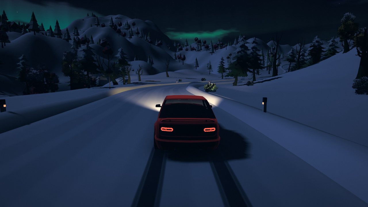 A car with its headlights on, driving a snowy mountain road at night under the northern lights.